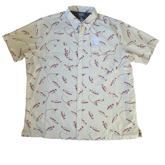 Croft Barrow Shirt Mens 2XL XXL Tall Quick Dry Fishing Vented AOP Bass Beige Red - Picture 10 of 11